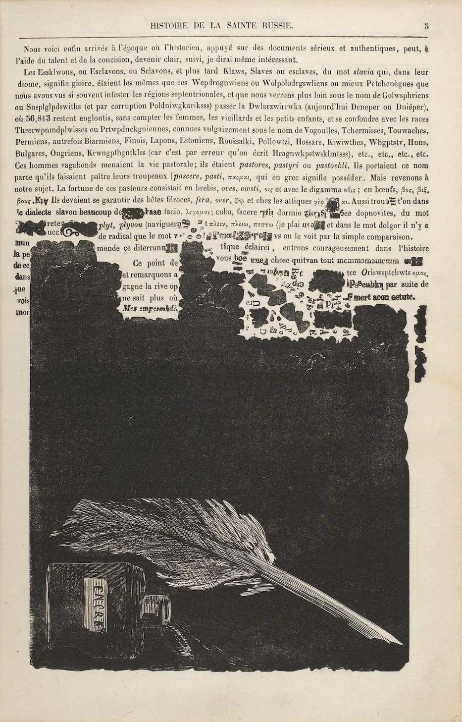 Gustave Doré, Noël-Eugène Sotain, Histoire pittoresque, dramatique et caricaturale de la sainte Russie d'après les chroniqueurs et historiens Nestor, Nikan, Sylvestre, Karamsin, Ségur, etc. Commentée et illustrée de 500 magnifiques gravures…, J. Bry aîné, Paris, 1854, p. 5. Bibliothèque nationale de France, département Réserve des livres rares. Source https://gallica.bnf.fr/ark:/12148/bpt6k1044804x/f17.item